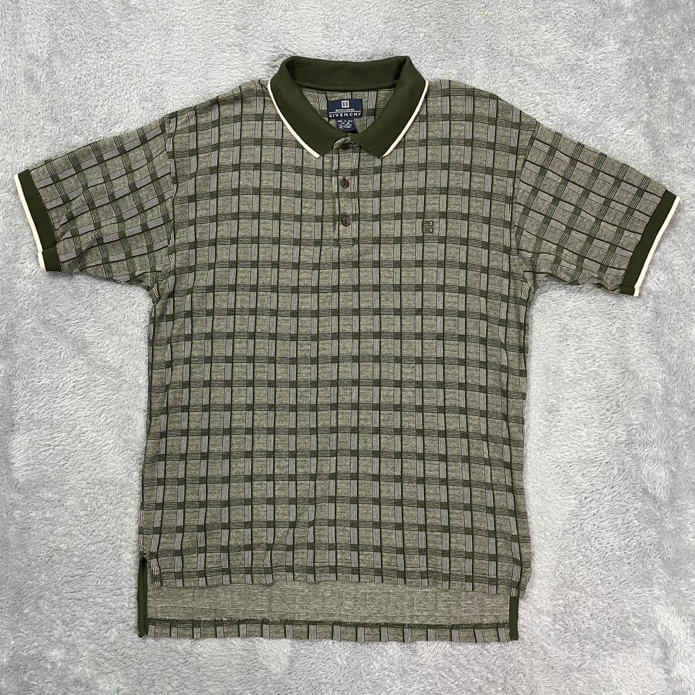 Givenchy Polo Shirt Mens M Green Check Short Sleeve Cotton Knit Logo Casual
